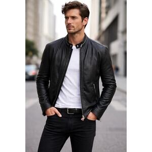 J. Lindeberg Men’s Moto Biker Leather Jacket Zip Black Medium J.Lindberg